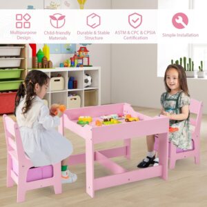 LDAILY Kids Table and Chairs, 3 in 1 Wooden Kids Table with Storage Drawer, Removable Blackboard, Reversible Tabletop, Toddler Table and Chair Set for Drawing, Reading, Writing, Playroom (Pink)