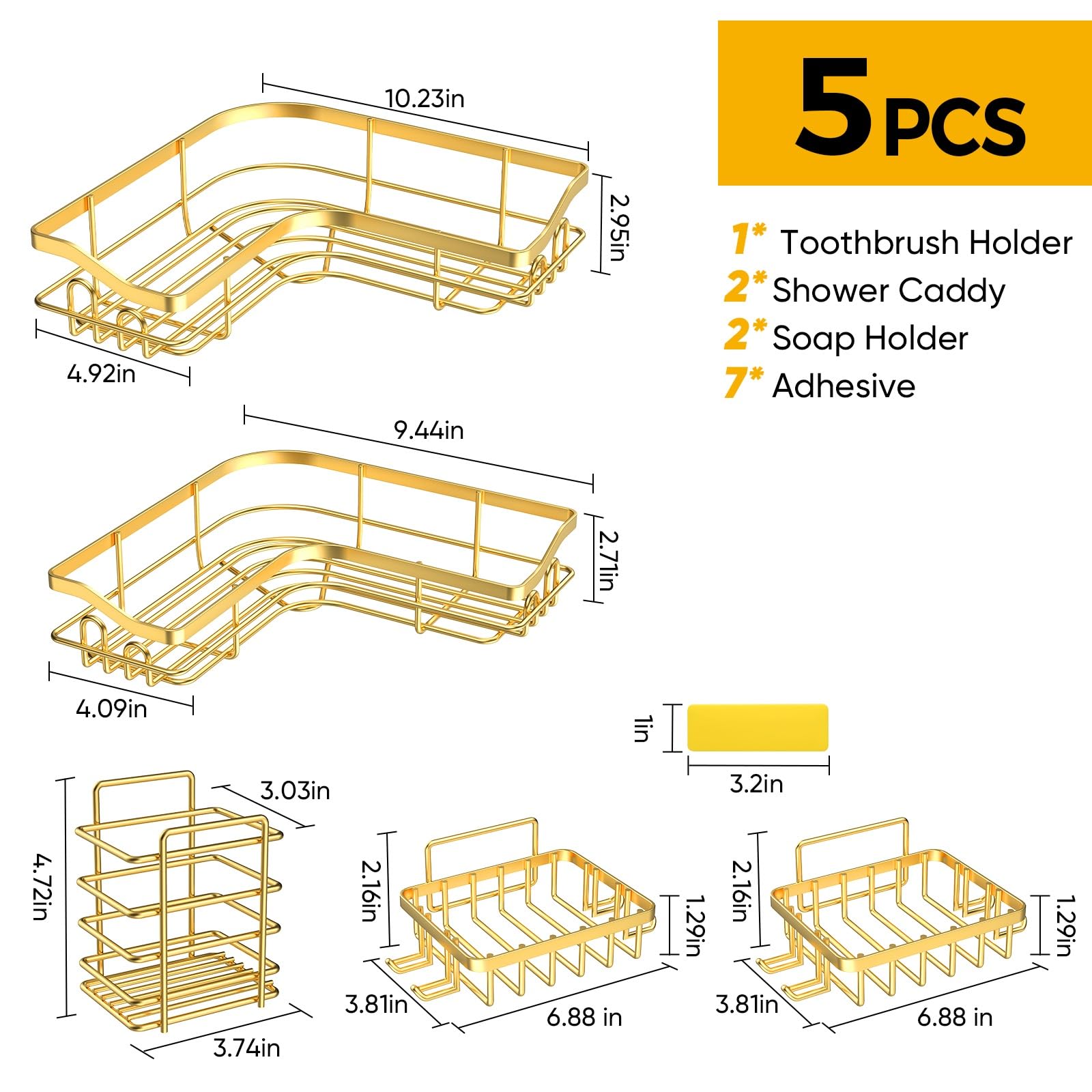 Bathroom stars Gold Corner Adhesive Shower Caddy，Rustproof Stainless Steel Corner Shower Shelves for Bathroom Kitchen, No Drilling Wall Mounted Shower Rack for inside Shower, 5 Pack