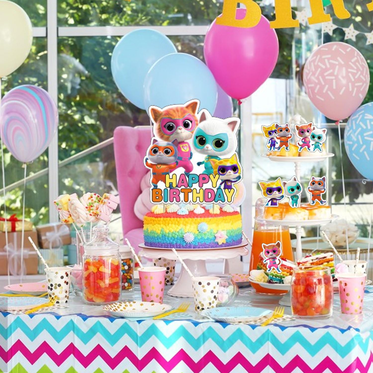 OUDINI Super Kitties birthday party supplies,Super Kitties including cake topper, cupcake toppers, Banner, Latex Balloons,It is very suitable for boy's and girl birthday party supplies., Blue