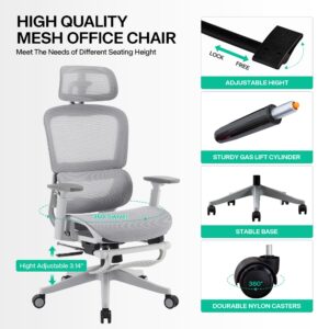 Gzagdecr Ergonomic Office Chair, High Back Gaming Chair with Footrest,Big and Tall Home Office Desk Chair,Mesh Computer Chair with Adjustable Lumbar Support,3D Armrests,Reclining(White-Gray)