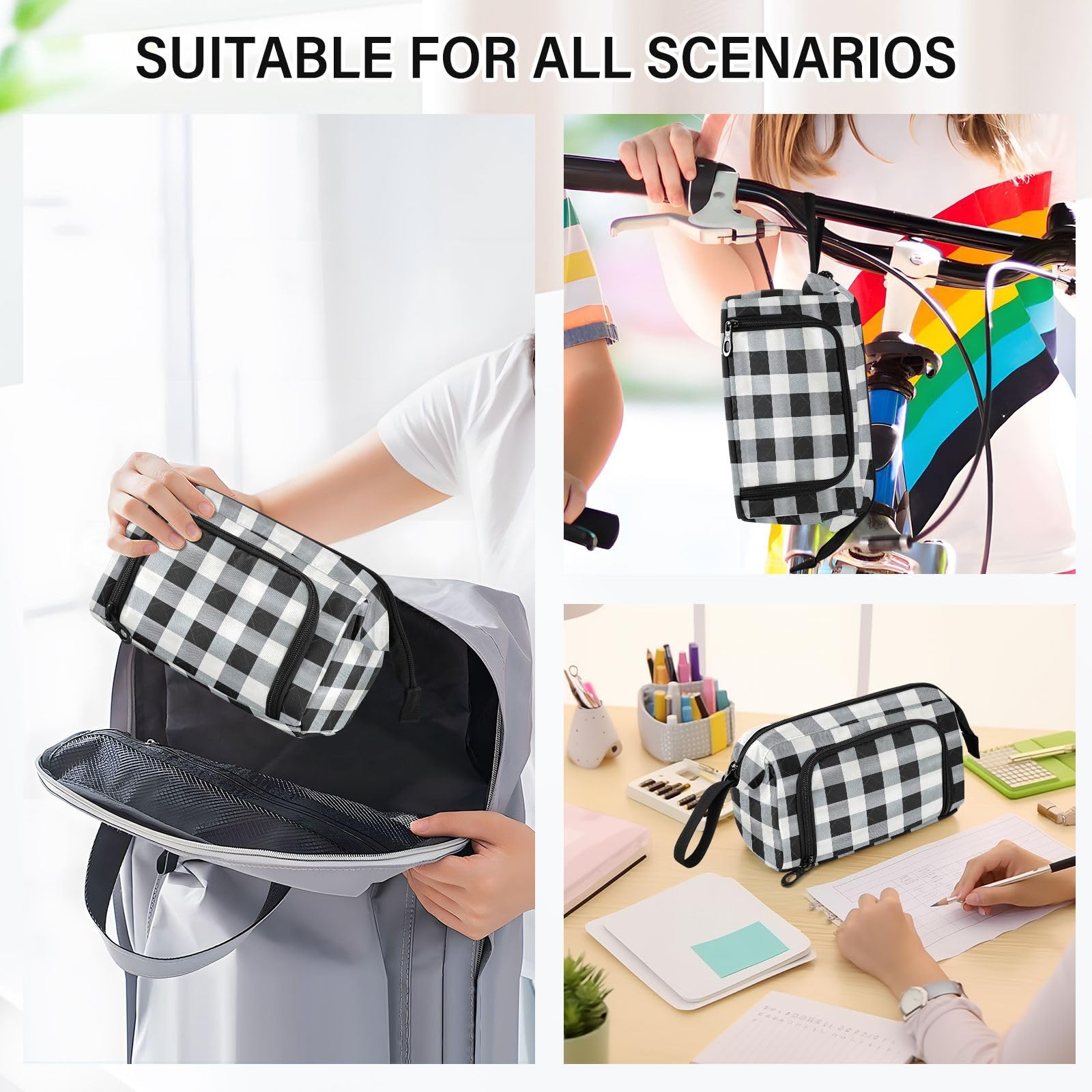 J JOYSAY White Black Plaid Pencil Case Large Capacity Pencil Pouch for Girls Boys Storage Pen Pouch Journaling Supplies for College Students