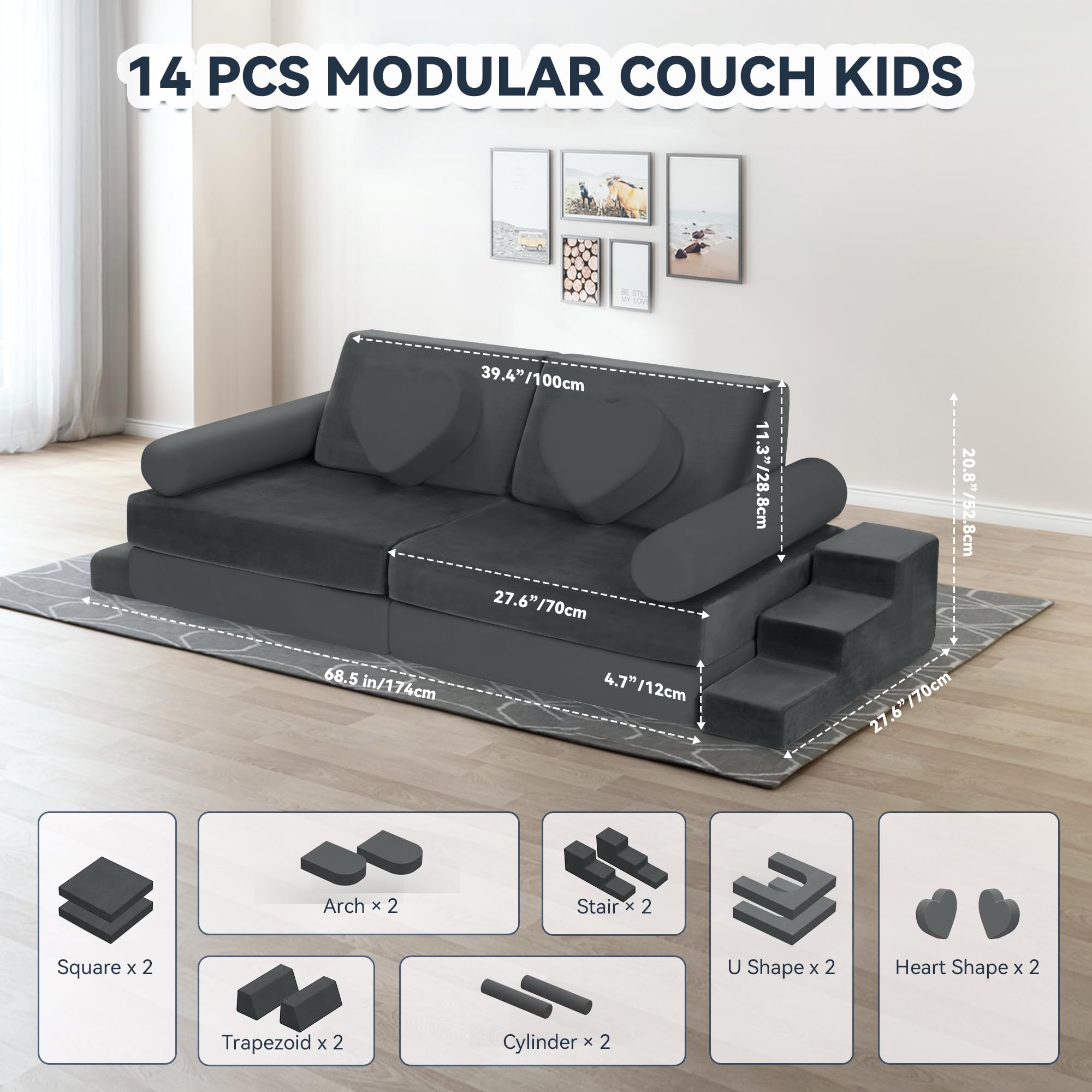 Modular Play Couch for Kids Toddler - 14PCS Kids Sofa to Boost Creativity, Boys and Girls DIY Creativing Playroom Couch for Playroom Bedroom Nursery