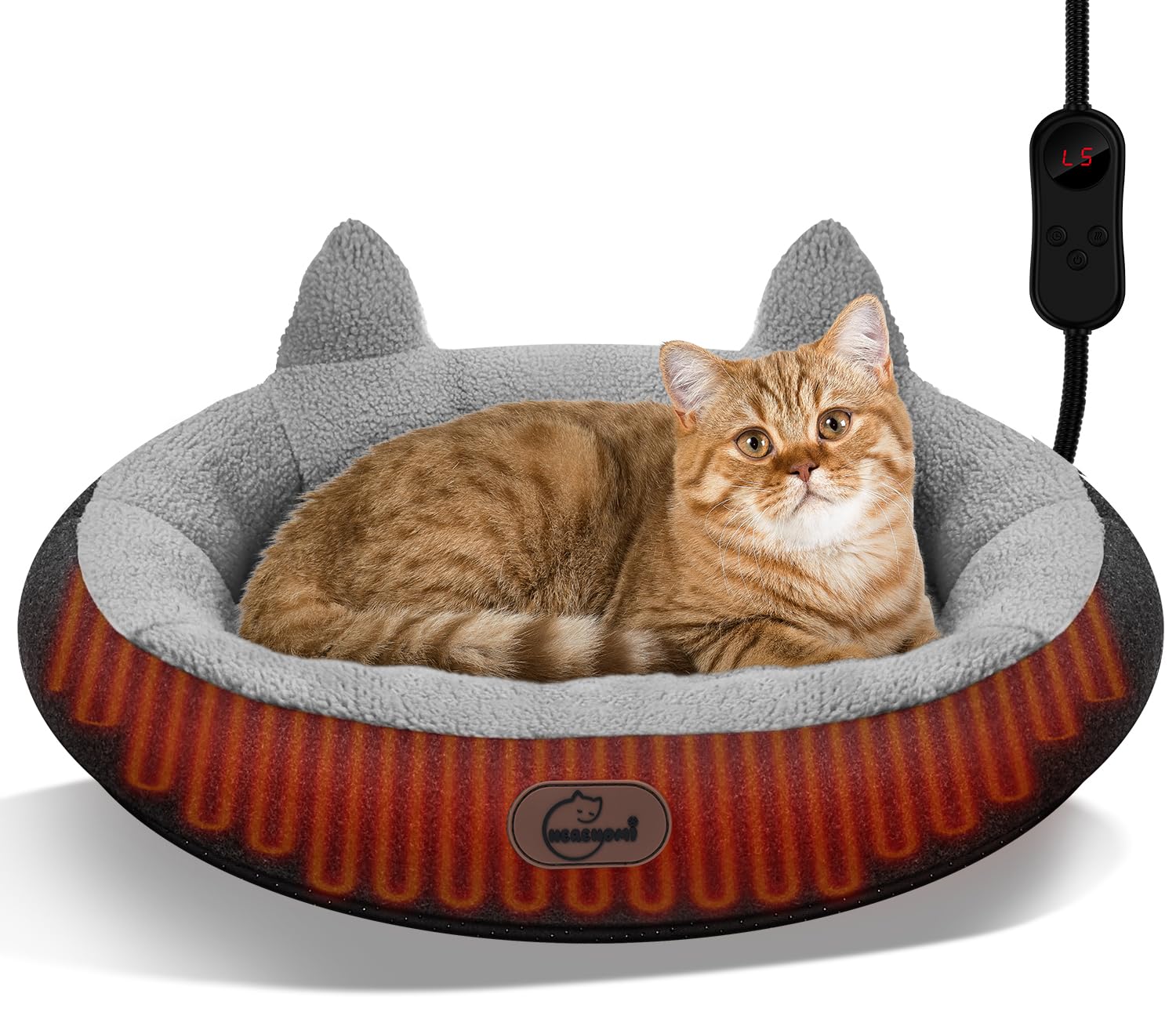 Heated Cat Bed for Small Size Cats, Heated Pet Bed with Timer & Temp Adjustable, Removable Waterproof Pet Heating Pad for Indoor Cat, Gray Cozy Donut Electric Bed Heater Warmer for Kitten Cat