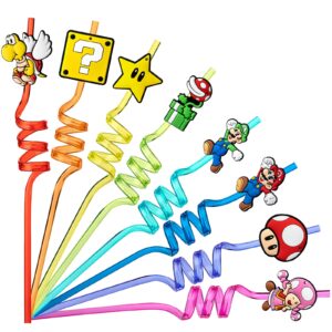 24pcs birthday party supplies reusable drinking straws,8 designs party favors with 2 cleaning brushes,best for your kid’s party