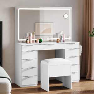 dwvo wooden makeup vanity desk set with xl led mirror and power outlets, 11-drawer dressing table with storage bench and magnifying glass for bedroom, pearl white