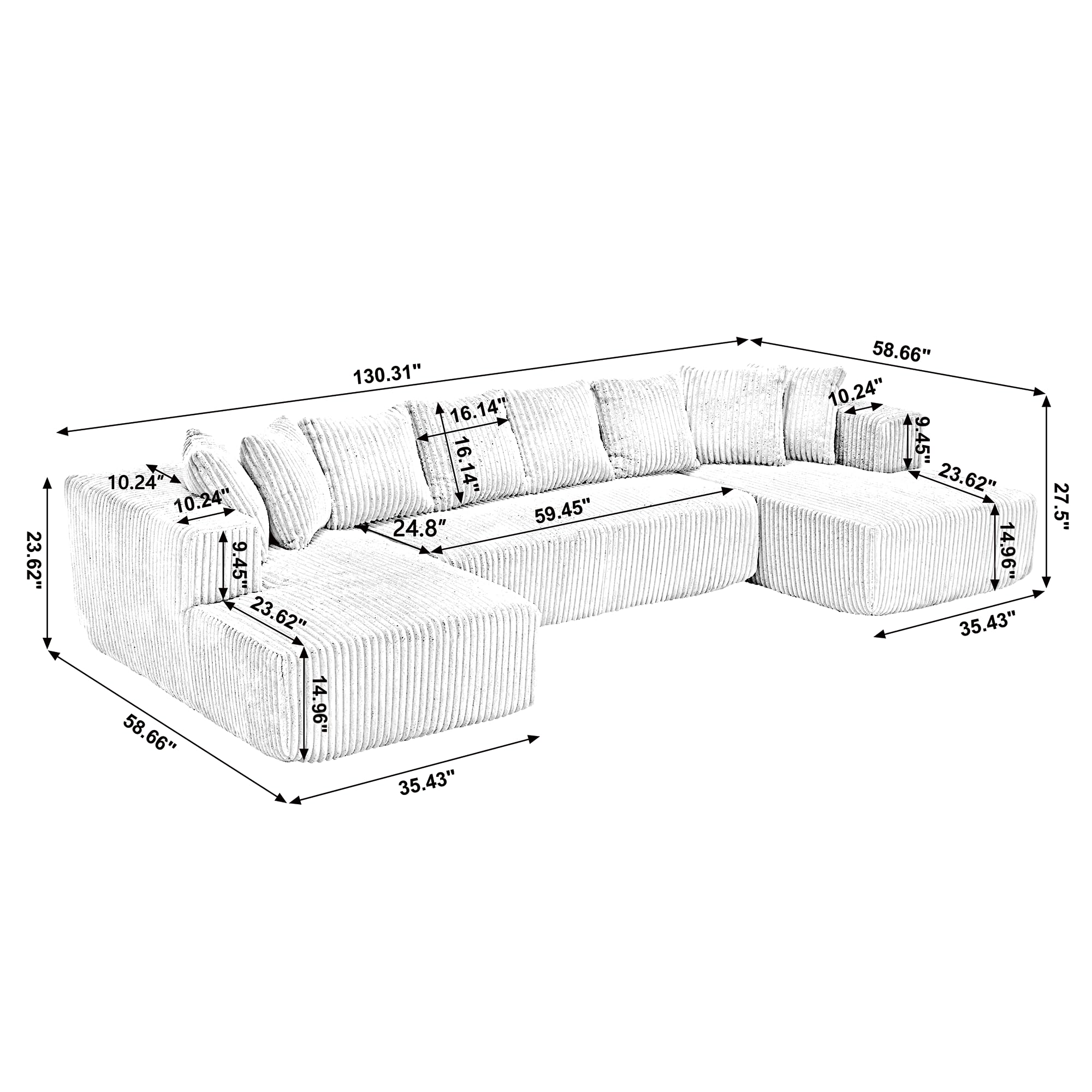 WILLIAMSPACE 131" Sectional Sofa Couch for Living Room, Large Modular Upholstered Sponge U-Shaped Sofa 5 Seater Floor Couch with Chaise Loung, Comfy Foam Sofa, No Assembly, Corduroy, Gray