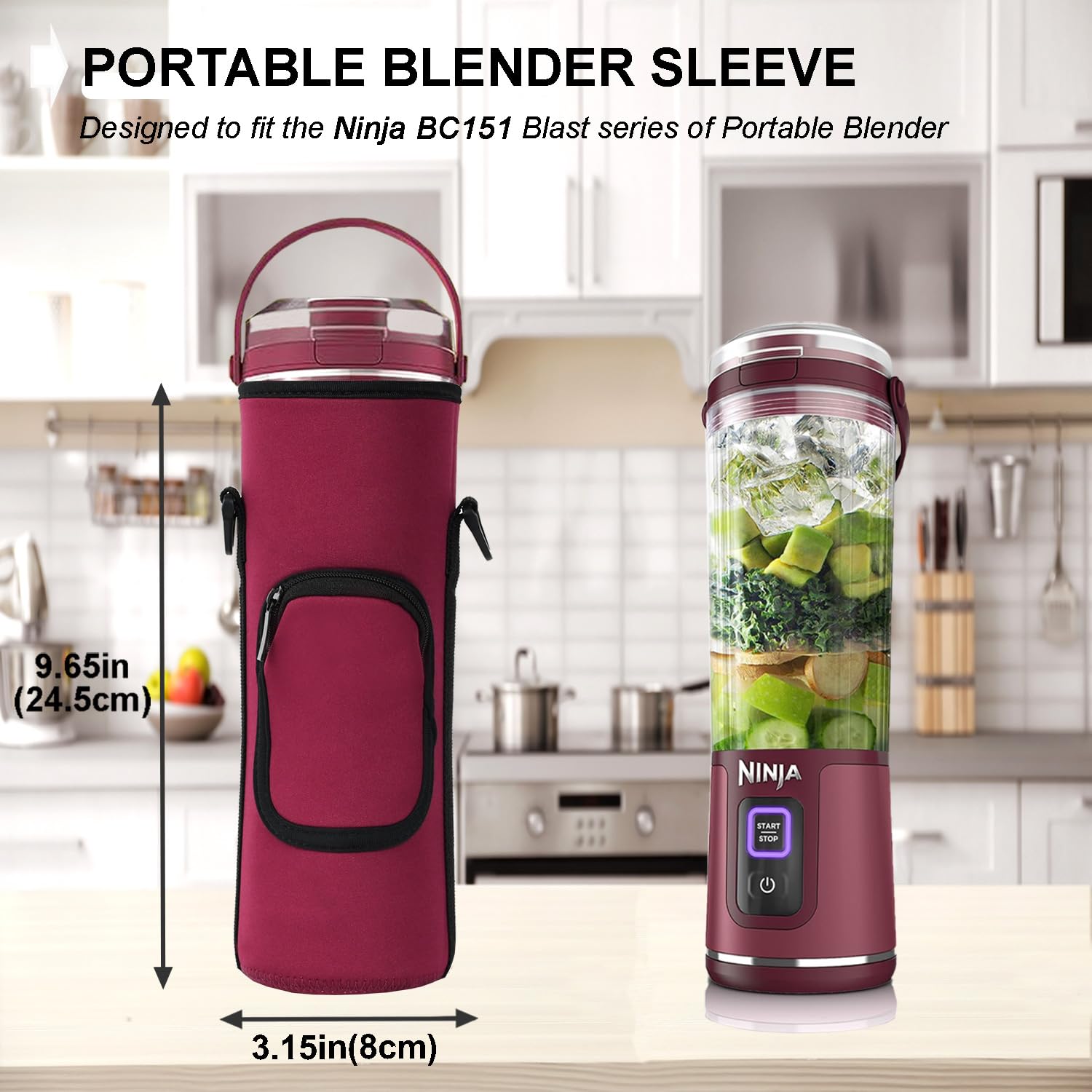 Storage Bag for Ninja Portable Blender Dust Cover Sleeve with Shoulder Strap, Accessory Pocket for Ninja BC151NV/BC51NV/BC151BK/BC151CR/BC151EM/ BC151PR/BC151WH/BC155PS Portable Blender (Burgundy)