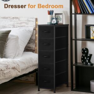 Ebeneze Narrow Dresser with 5 Drawers, Storage Cabinet, Slim Fabric Tower with Wheels, Wood Shelf, Bedroom Organizer Skinny Chest for Small Spaces, Bathroom, Living Room, Laundry, Closet, Black