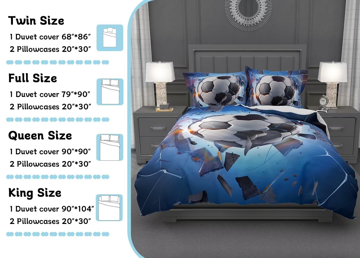 Lokaluo Football Duvet Cover Twin Size 3D Printed Sports Soccer Twin Duvet Cover Set Sports Theme Football Ball Cullet Bedding Set Bedroom Decor All Season 3 Pcs Comforter Cover with 2 Pillowcases