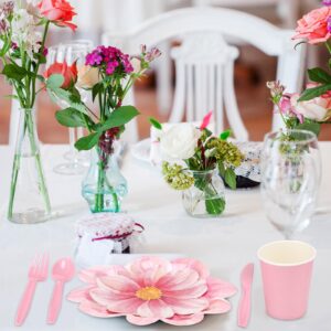 Sieral 144 Pcs Flower Party Supplies Include Disposable Flower Paper Plates Decorative Pink Floral Plates Napkins Cups and Cutlery for Bridal Baby Shower Wedding Birthday Summer Tableware Decoration