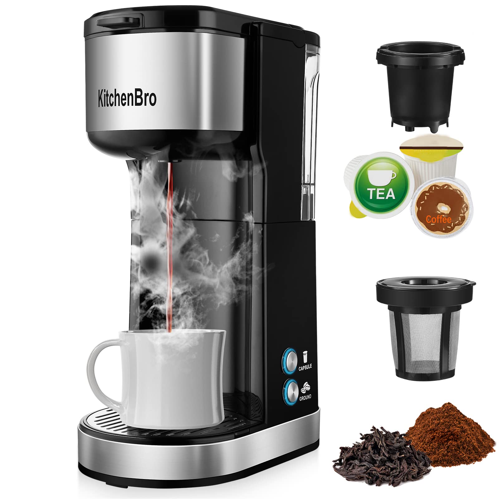 Single Serve Coffee Maker K Cup with Reservoir, Space Saver One Cup Coffee Maker, 2 In 1 Coffee Maker 6 To 14 Oz Brew Sizes,Fits Travel Mug,Single Pod Coffee Maker with Self-Cleaning Function