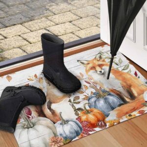 Fall Front Door Mat Outside Entrance, Thanksgiving Day Outdoor Indoor Low Profile Door Mats for Entryway, Funny Autumn Maple Leaves Pumpkin Squirrel Fox Welcome Mat Entry Doormats