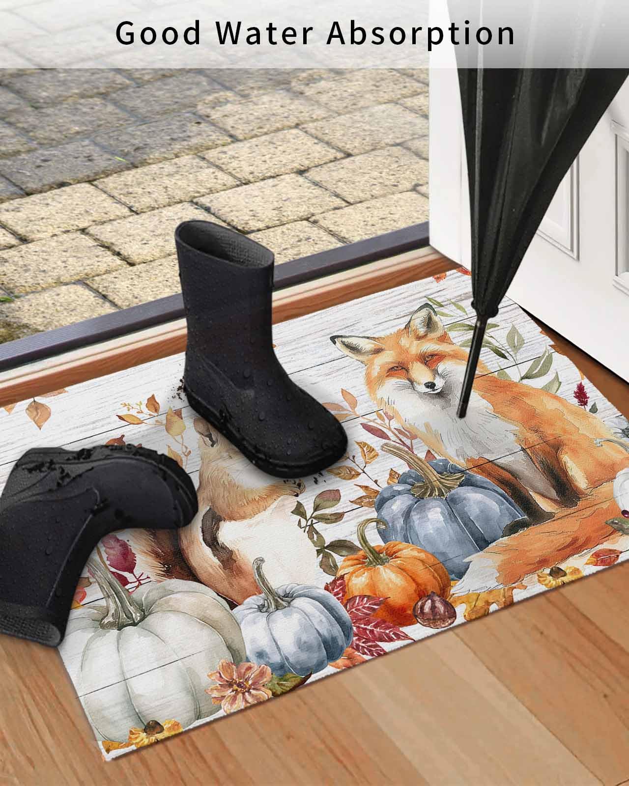 Fall Front Door Mat Outside Entrance, Thanksgiving Day Outdoor Indoor Low Profile Door Mats for Entryway, Funny Autumn Maple Leaves Pumpkin Squirrel Fox Welcome Mat Entry Doormats