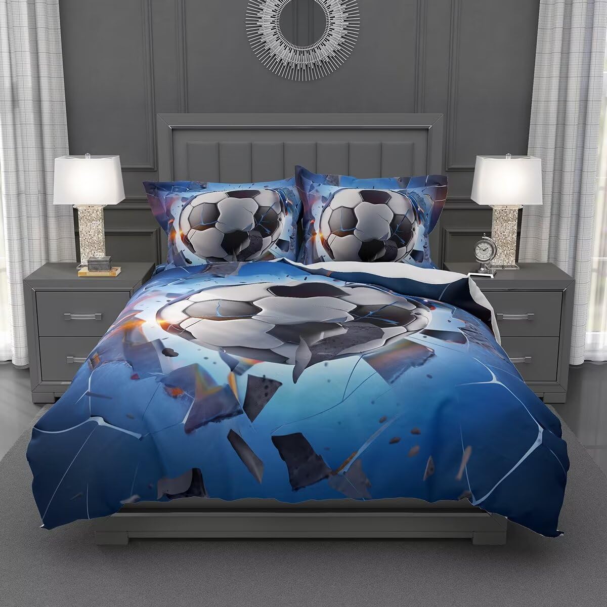 Lokaluo Football Duvet Cover Twin Size 3D Printed Sports Soccer Twin Duvet Cover Set Sports Theme Football Ball Cullet Bedding Set Bedroom Decor All Season 3 Pcs Comforter Cover with 2 Pillowcases