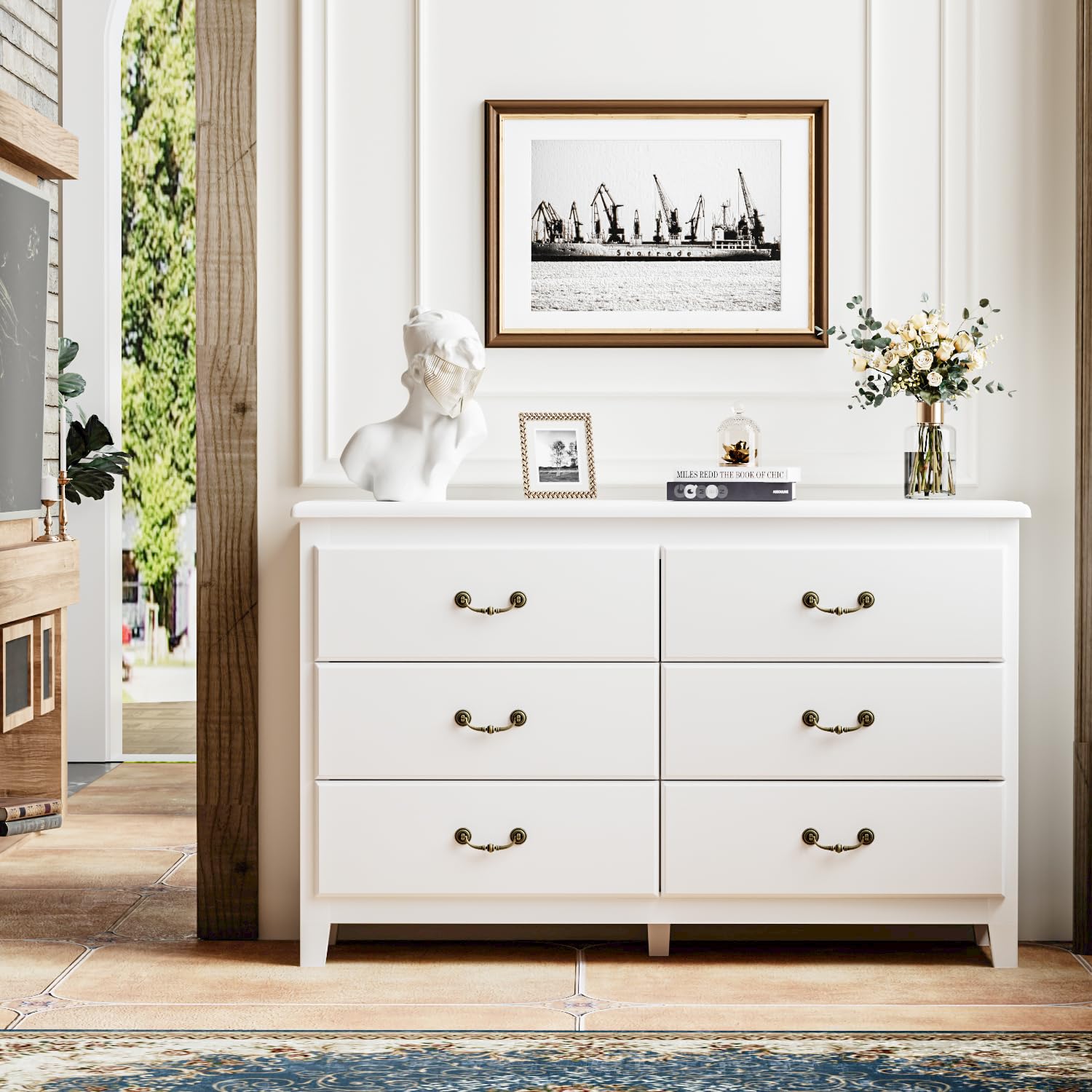 HOUROM White Dresser, Modern Farmhouse 6 Drawer Double Dresser for Bedroom Adults & Kids with Vintage Gold Pulls, Wide Dressers & Chests of Drawers, 6 Drawer Dressers for Hallway, Antique White