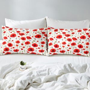 Feelyou Red Poppy Bedding Duvet Cover Set King Size Floral Flower Blossom Printed Bedding Set for Kids Boys Botanical Branches Comforter Cover Set Spring Garden Bedspread Cover,No Comforter