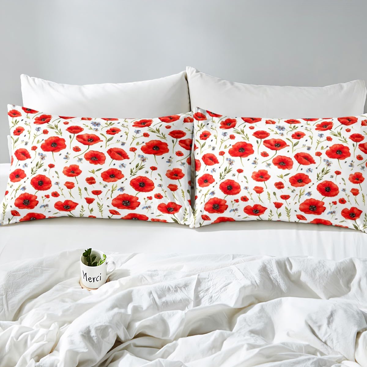 Feelyou Red Poppy Bedding Duvet Cover Set King Size Floral Flower Blossom Printed Bedding Set for Kids Boys Botanical Branches Comforter Cover Set Spring Garden Bedspread Cover,No Comforter