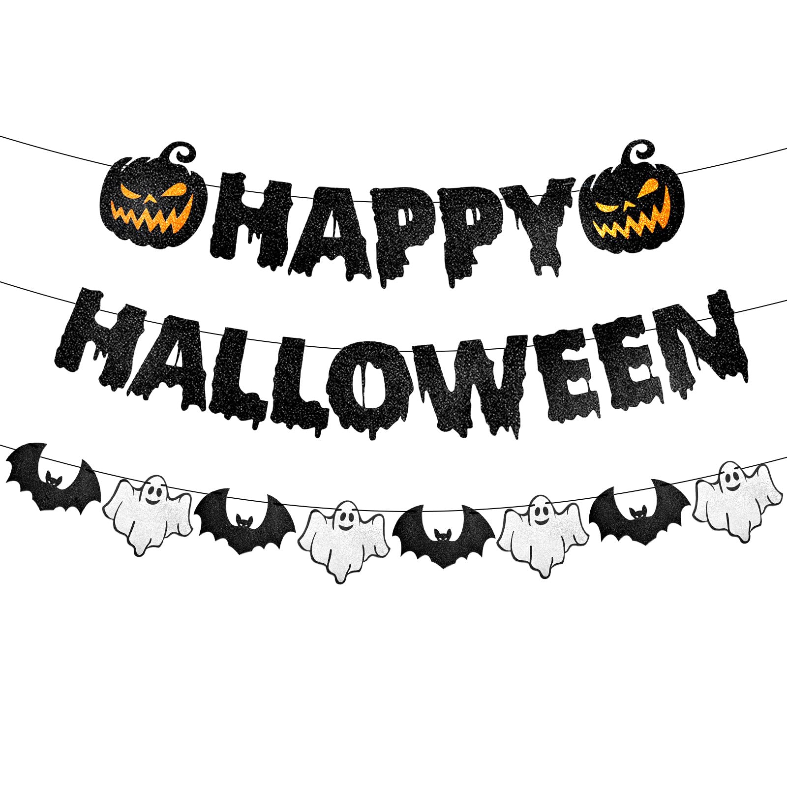 Black Glitter Happy Halloween Banner - Halloween Hanging Paper Garland Bunting Banner with Pumpkin, Ghost, and Bat Decorations, Photo Backdrop for Wall Home Mantle Office Wall Scary Party Supplies