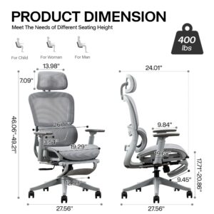 Gzagdecr Ergonomic Office Chair, High Back Gaming Chair with Footrest,Big and Tall Home Office Desk Chair,Mesh Computer Chair with Adjustable Lumbar Support,3D Armrests,Reclining(White-Gray)