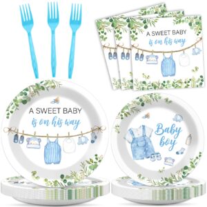 96pcs greenery baby shower plates and napkins decoration watercolor blue baby boy party tableware dinnerware set a sweet boy is on his way paper plates for gender reveal party supplies serve 24 guests