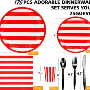 175Pcs Red and White Stripes Party Supplies Set 9"Red and White Striped Plates7"Red carnival Plates Napkins Cup Knive Fork Spoon for Striped Carnival Party Picnic BBQ Birthday Party Decor Serve25