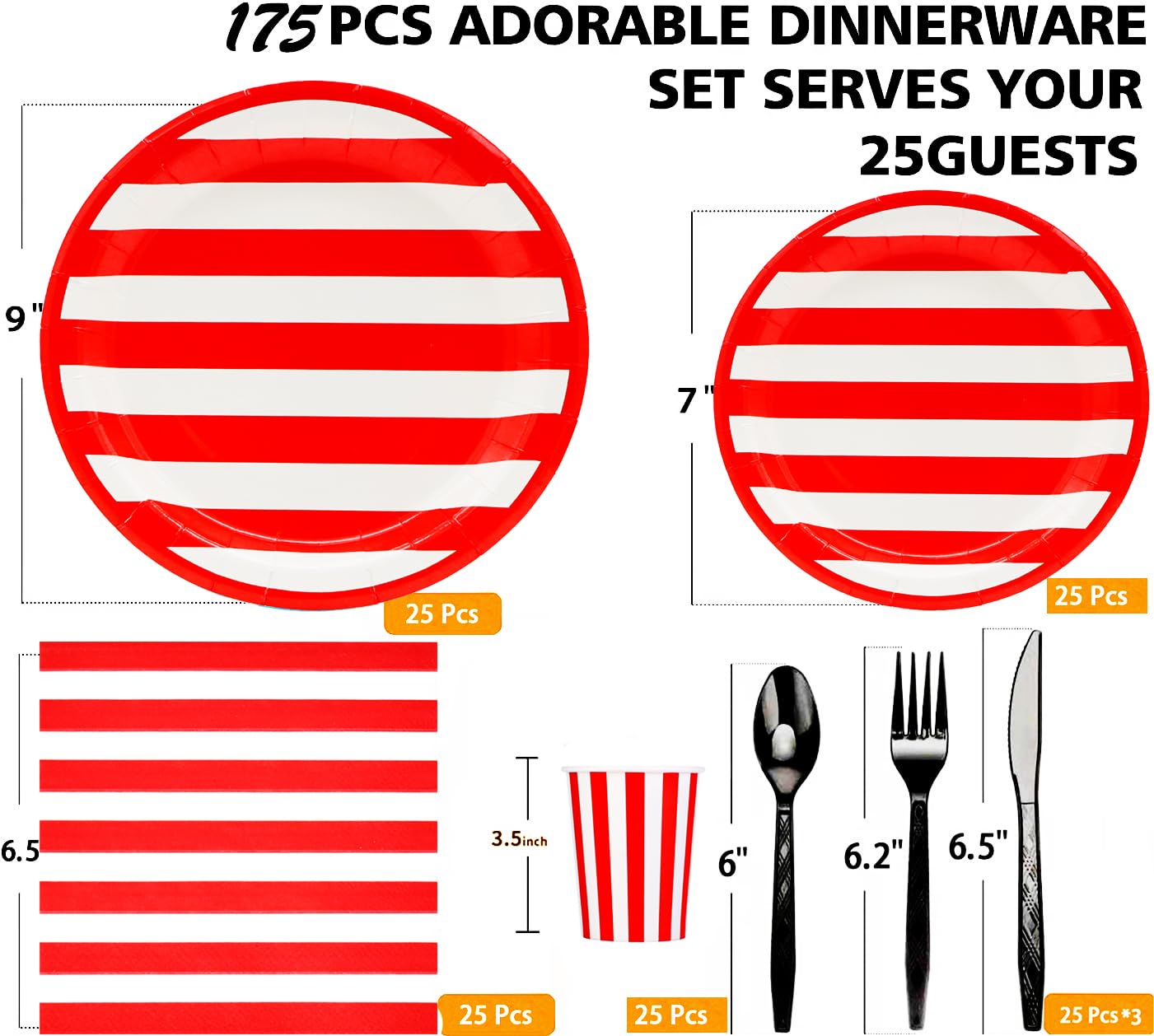 175Pcs Red and White Stripes Party Supplies Set 9"Red and White Striped Plates7"Red carnival Plates Napkins Cup Knive Fork Spoon for Striped Carnival Party Picnic BBQ Birthday Party Decor Serve25