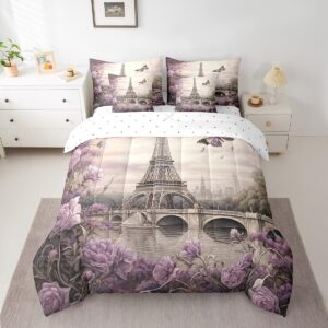 feelyou eiffel tower comforter set with sheets full size paris 7 piece bedding set for kids boys girls teens toddler purple flower and butterfly bed in a bag vintage retro bed set