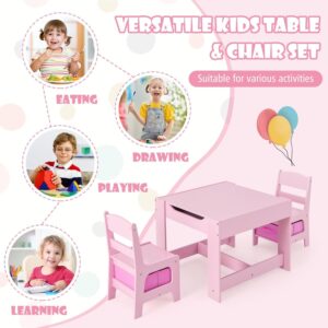 LDAILY Kids Table and Chairs, 3 in 1 Wooden Kids Table with Storage Drawer, Removable Blackboard, Reversible Tabletop, Toddler Table and Chair Set for Drawing, Reading, Writing, Playroom (Pink)