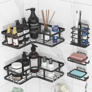 prlsca 5 pack corner shower caddy,large capacity adhesive shower organizer with soap holder & toothpaste,no drilling stainless steel shower shelves with hooks for bathroom, dorm and kitchen（black）