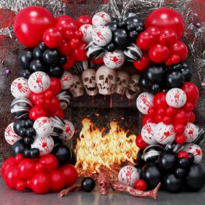 halloween balloons garland arch kit, 125 pc red black scary halloween balloons with marble balloon bloody hand prints balloons, horror balloons for scream creepy gothic halloween decorations indoor