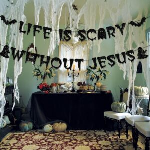 Life is Scary Without Jesus Banner for Christian Halloween Decorations, Christian Halloween Favors Banner, Halloween Jesus Bulletin Board Decorations Banner, Life is Scary Without Jesus Decorations LIS