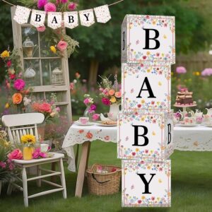 heboland wildflower baby shower decorations baby boxes with letters, 4 pcs baby in bloom thickend cardstock blocks baby banner, box clear stickers for girls party decor