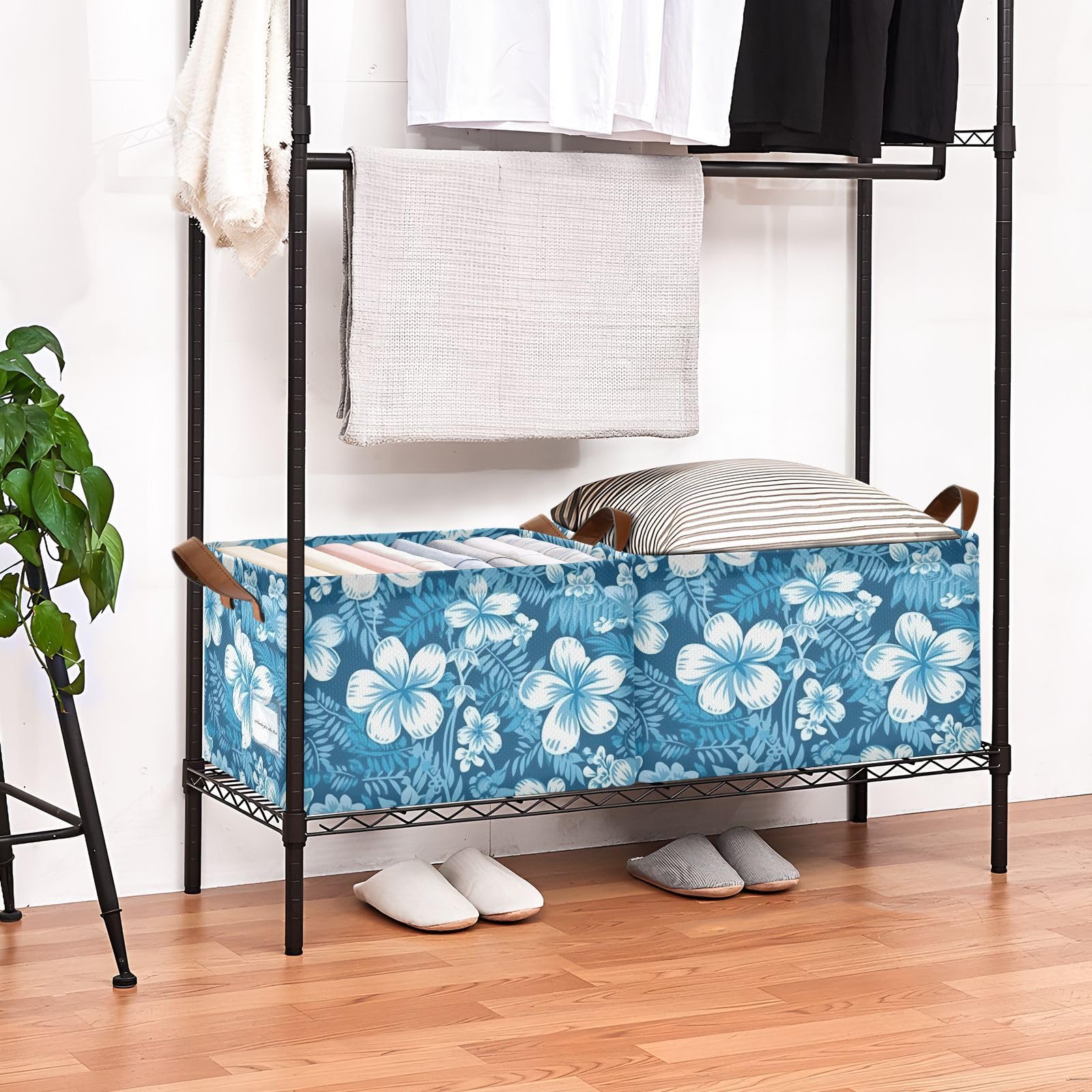 SPRIPORT Hawaii Blue Flowers Foldable Storage Cube for Shelves Fabric Storage Bin with Metal Frame & Double Handles Large Storage Box for Organizing Clothes Blankets Toys Books