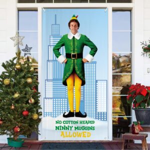 Funny Christmas Door Cover, No Cotton Headed Ninny Muggins Allowed Porch Sign for Outdoor Decorations, Buddy The Elf Photo Booth Background Banner, Elf Party Decor Supplies, 70.8x35 Inch