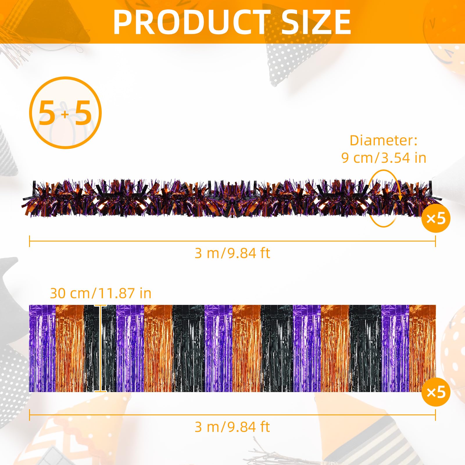 Halloween Foil Fringe Garland & Halloween Tinsel Garland Orange Black Purple Fringe Garland Tinsel Garland 10 Pcs Halloween Parade Float Decoration Halloween Party Decorations (50 ft + 50 ft)