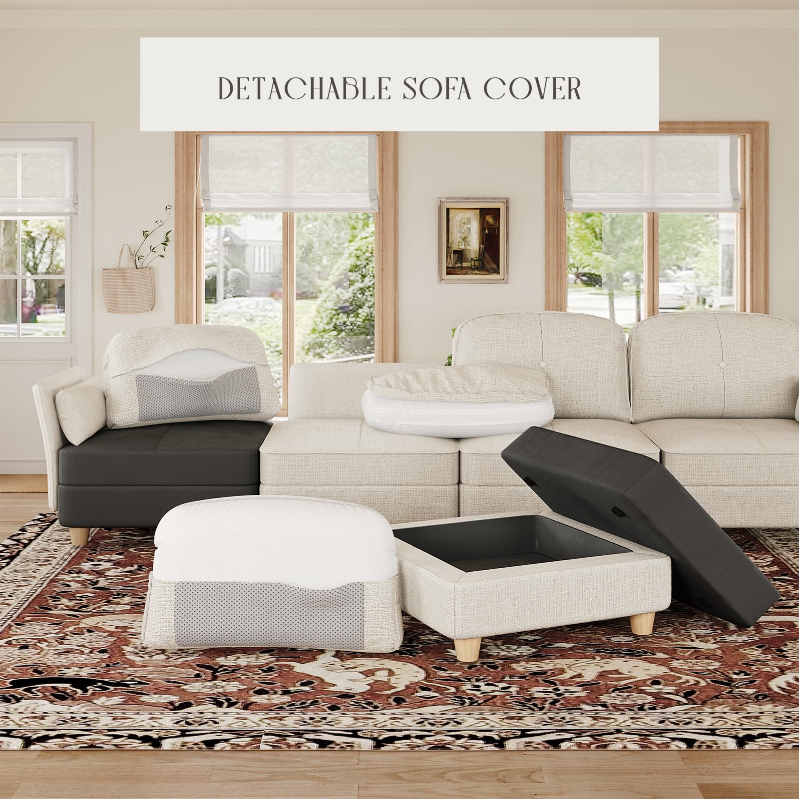 LLappuil Oversized Modular Sectional Fabric Sofa Set, Extra Large L Shaped Couch Reversible Chaise Modular Sectional Couch, 113.5 inch Width,8 Seat Modular Sofa with Storage Ottoman, Linen,Off White