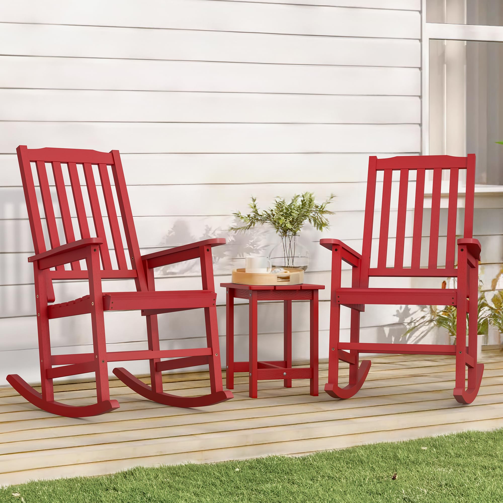 Cozyman Outdoor Rocking Chairs Set of 2, Acacia Wood Rocking Chairs, Patio Rocker Chair with Wide Seats, Red