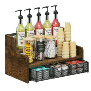 Tiaoheka Coffee Station Organizer for Countertop, Wood Coffee Bar Organizer with Drawer, Kcup Coffee Pod Holder Storage Box, K Cup Holder Organizer for Coffee Bar Accessories