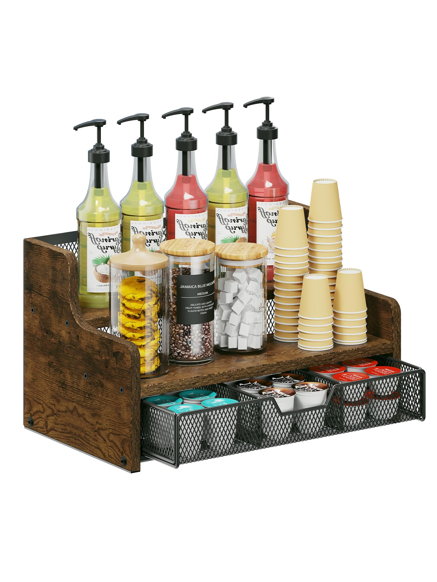 Tiaoheka Coffee Station Organizer for Countertop, Wood Coffee Bar Organizer with Drawer, Kcup Coffee Pod Holder Storage Box, K Cup Holder Organizer for Coffee Bar Accessories