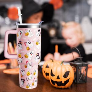 mvhsuoem 40 oz Pink Halloween Tumbler with Handle Lid and Straw 40oz Ghost Tumbler Double Stainless Steel Insulated Halloween Ghost Cups Halloween Gifts for Women