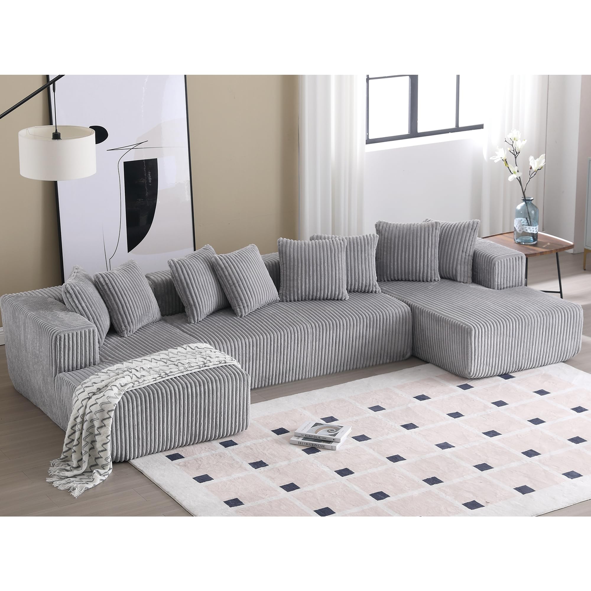 WILLIAMSPACE 131" Sectional Sofa Couch for Living Room, Large Modular Upholstered Sponge U-Shaped Sofa 5 Seater Floor Couch with Chaise Loung, Comfy Foam Sofa, No Assembly, Corduroy, Gray