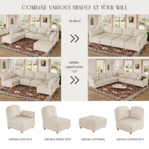 LLappuil Oversized Modular Sectional Fabric Sofa Set, Extra Large L Shaped Couch Reversible Chaise Modular Sectional Couch, 113.5 inch Width,8 Seat Modular Sofa with Storage Ottoman, Linen,Off White