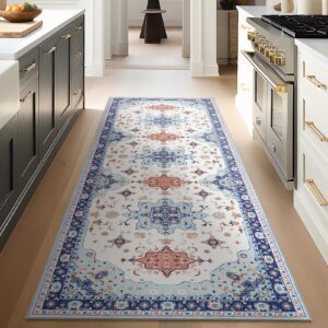 Phantoscope Hallway Runner Rug 2'x6'-Long Rug Runner Boho Retro-Patterned Washable Non-Slip Carpet for Kitchen Entryway Laundry Bedroom,Ultra-Thin Vintage Distressed Accent Rug,Blue/Orange/Cream