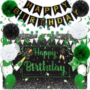 birthday decorations kit for men, green and black birthday party decor boy with plastic backdrop, hbd banner, paper pompoms, hanging swirl and circle dot garland