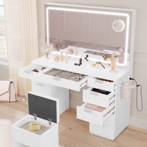 DWVO Wooden Makeup Vanity Desk Set with XL LED Mirror and Power Outlets, 11-Drawer Dressing Table with Storage Bench and Magnifying Glass for Bedroom, Pearl White