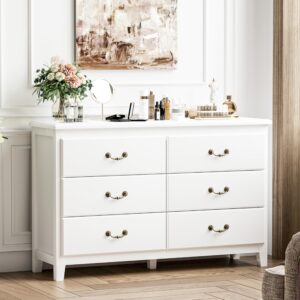 hourom white dresser, modern farmhouse 6 drawer double dresser for bedroom adults & kids with vintage gold pulls, wide dressers & chests of drawers, 6 drawer dressers for hallway, antique white