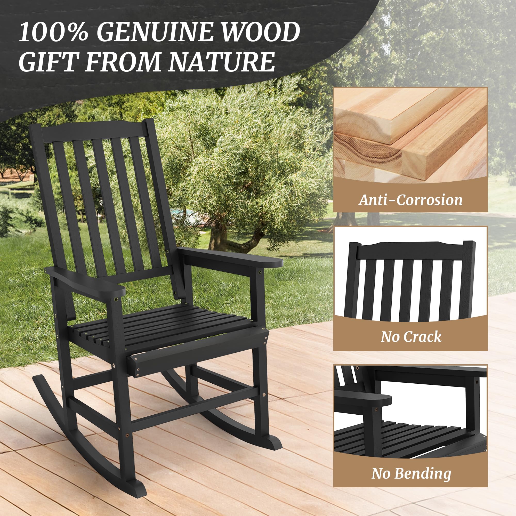 Cozyman Outdoor Rocking Chairs Set of 2, Acacia Wood Rocking Chairs, Patio Rocker Chair with Wide Seats, Black