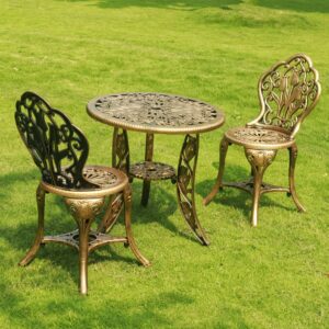 VANZUNE Tulip Bistro Table and Chairs Set 3 Piece Bistro Set Outdoor Patio Bistro Set Patio Table Set with Umbrella Hole for Balcony Backyard Patio Garden,Copper Color