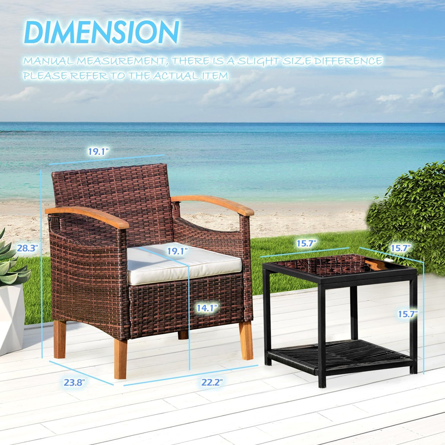 YEEFY 3 Piece Outdoor Patio Furniture Set Outdoor Furniture Set with Table Outside Lawn Patio Chairs Set of 2 Patio Conversation Sets Bistro Wicker Patio Set for Backyard Porch Balcony Garden (Brown)