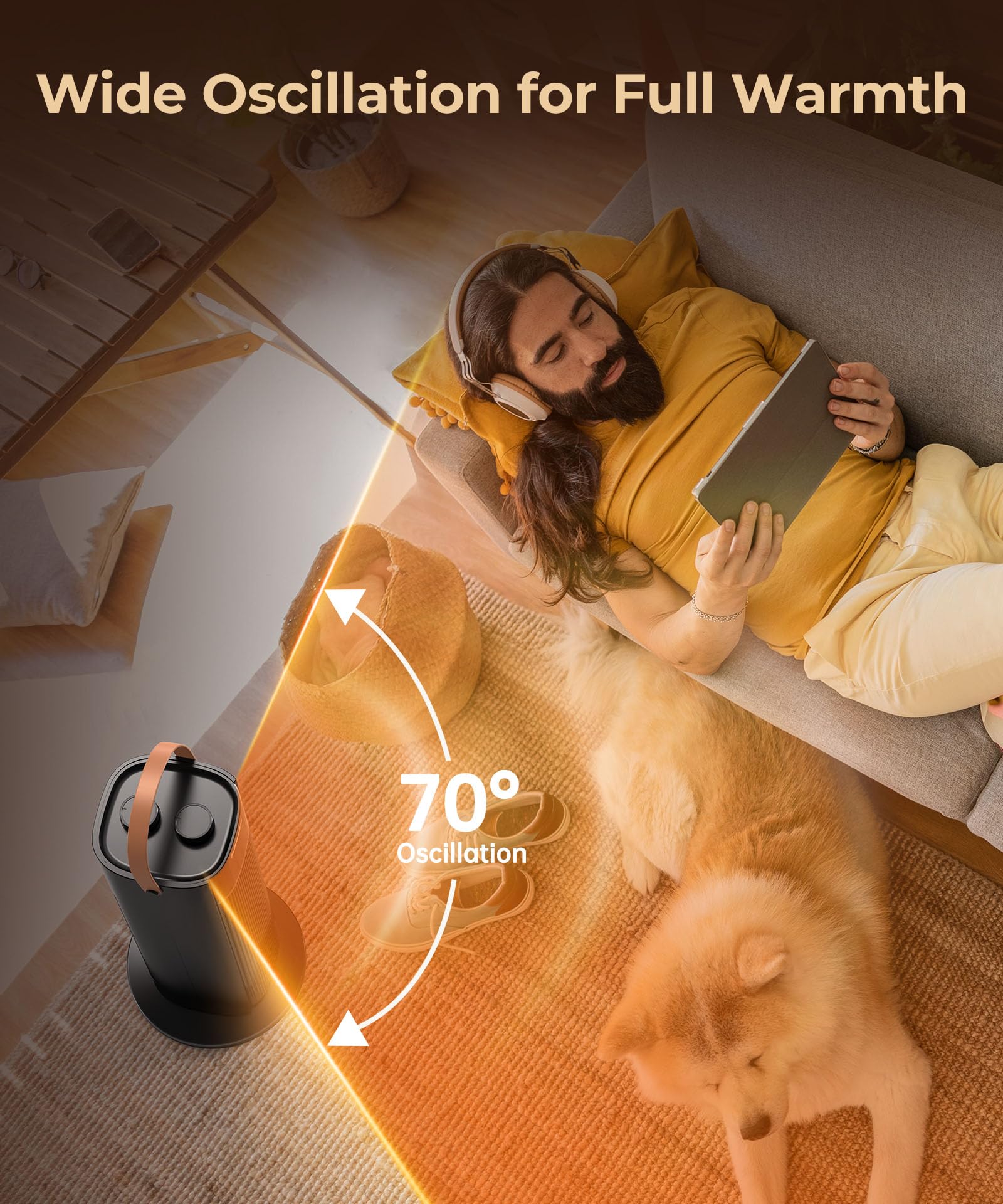 Space Heater, 12ft/s Electric Heater with Thermostat, 18 Inch Portable Heater with 70°Oscillation, Overheating & Tip-Over Protection, Fast Safety Heat for Home, Bedroom